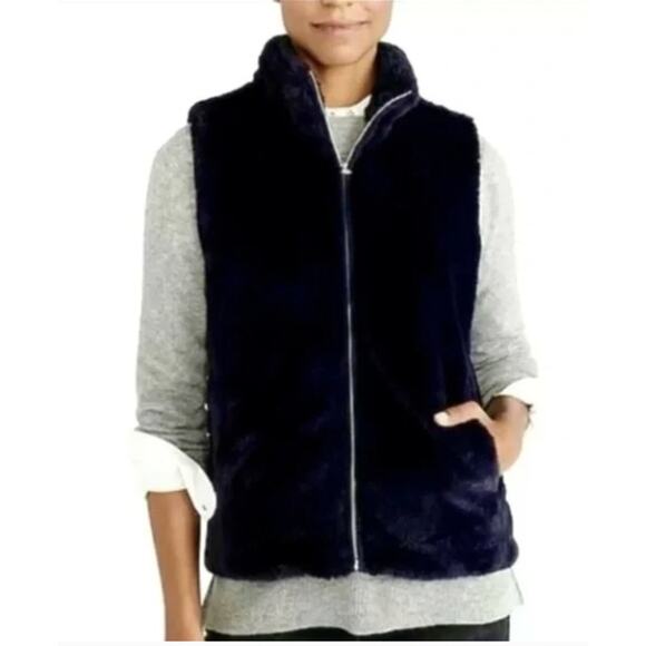 J. Crew Faux Fur Navy Blue Vest Women Size Medium - Picture 1 of 12